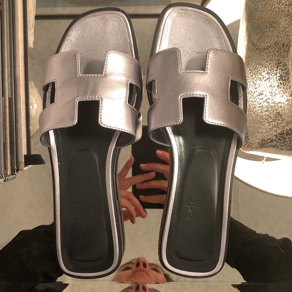 Oran Slide Sandals in Metallic Silver - Picture 2 of 6